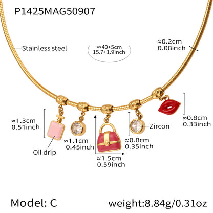316L Stainless Steel 18K Gold PVD Enamel Fruit Zircon Multi Pendant Elastic Necklace - Colorful Enamel Fruit Multi Pendant Zircon Modern Elastic Necklace Wholesale Stainless Steel Jewelry - Sensitive Skin Friendly - Detail 5