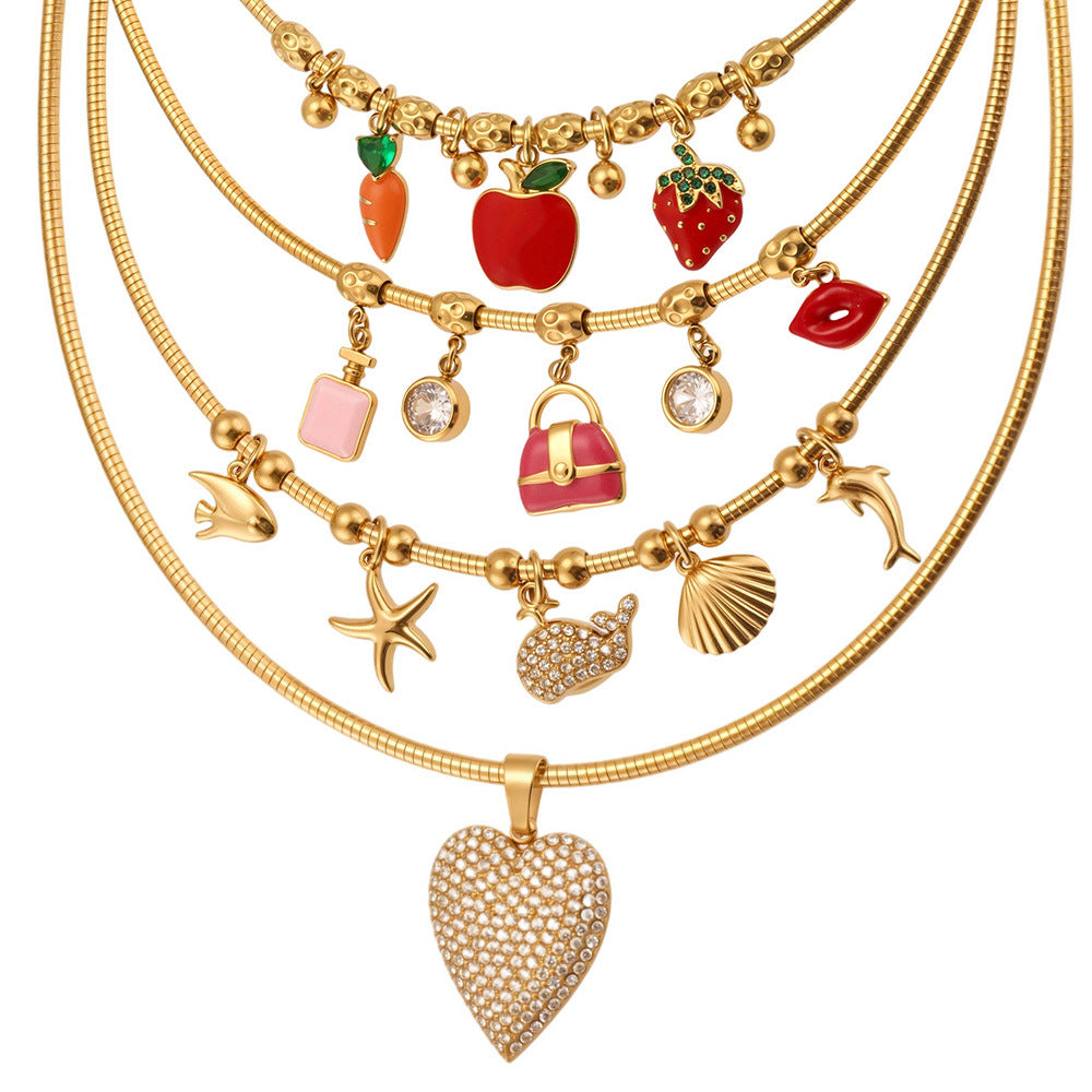 316L Stainless Steel 18K Gold PVD Enamel Fruit Zircon Multi Pendant Elastic Necklace - Colorful Enamel Fruit Multi Pendant Zircon Modern Elastic Necklace Wholesale Stainless Steel Jewelry - Sensitive Skin Friendly - Detail 6
