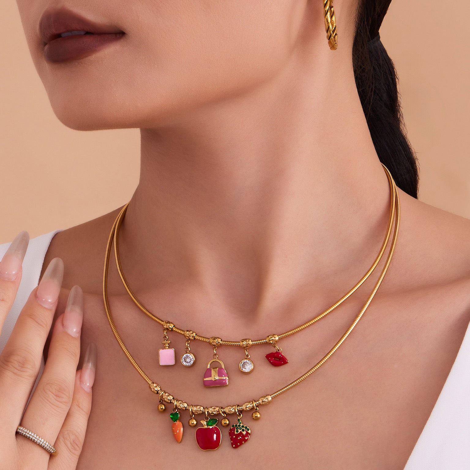 316L Stainless Steel 18K Gold PVD Enamel Fruit Zircon Multi Pendant Elastic Necklace - Colorful Enamel Fruit Multi Pendant Zircon Modern Elastic Necklace Wholesale Stainless Steel Jewelry - Sensitive Skin Friendly - Detail 7