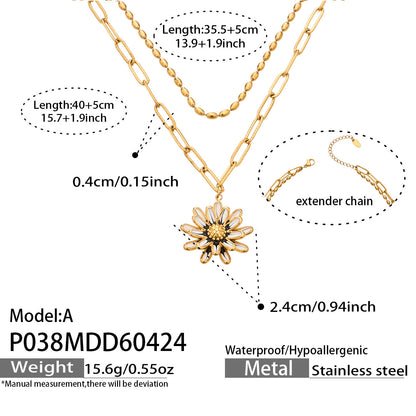 316L Stainless Steel 18K Gold PVD Enamel Layered Daisy Pendant Necklace - Enamel Daisy Pendant, Layered Necklace, Gold, Floral Wholesale Stainless Steel Jewelry - Sensitive Skin Friendly - Detail 10
