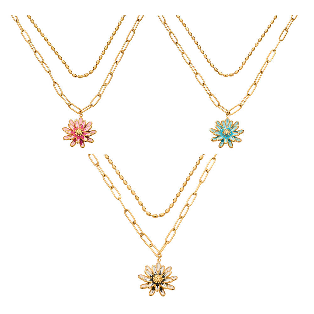 316L Stainless Steel 18K Gold PVD Enamel Layered Daisy Pendant Necklace - Enamel Daisy Pendant, Layered Necklace, Gold, Floral Wholesale Stainless Steel Jewelry - Sensitive Skin Friendly - Detail 11