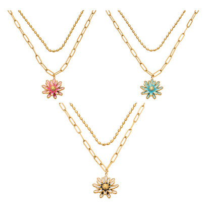 316L Stainless Steel 18K Gold PVD Enamel Layered Daisy Pendant Necklace - Enamel Daisy Pendant, Layered Necklace, Gold, Floral Wholesale Stainless Steel Jewelry - Sensitive Skin Friendly - Detail 11