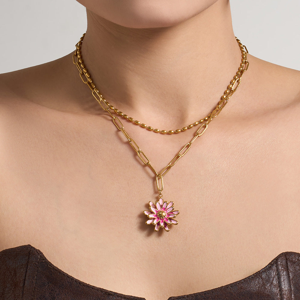 316L Stainless Steel 18K Gold PVD Enamel Layered Daisy Pendant Necklace - Enamel Daisy Pendant, Layered Necklace, Gold, Floral Wholesale Stainless Steel Jewelry - Sensitive Skin Friendly - Detail 13