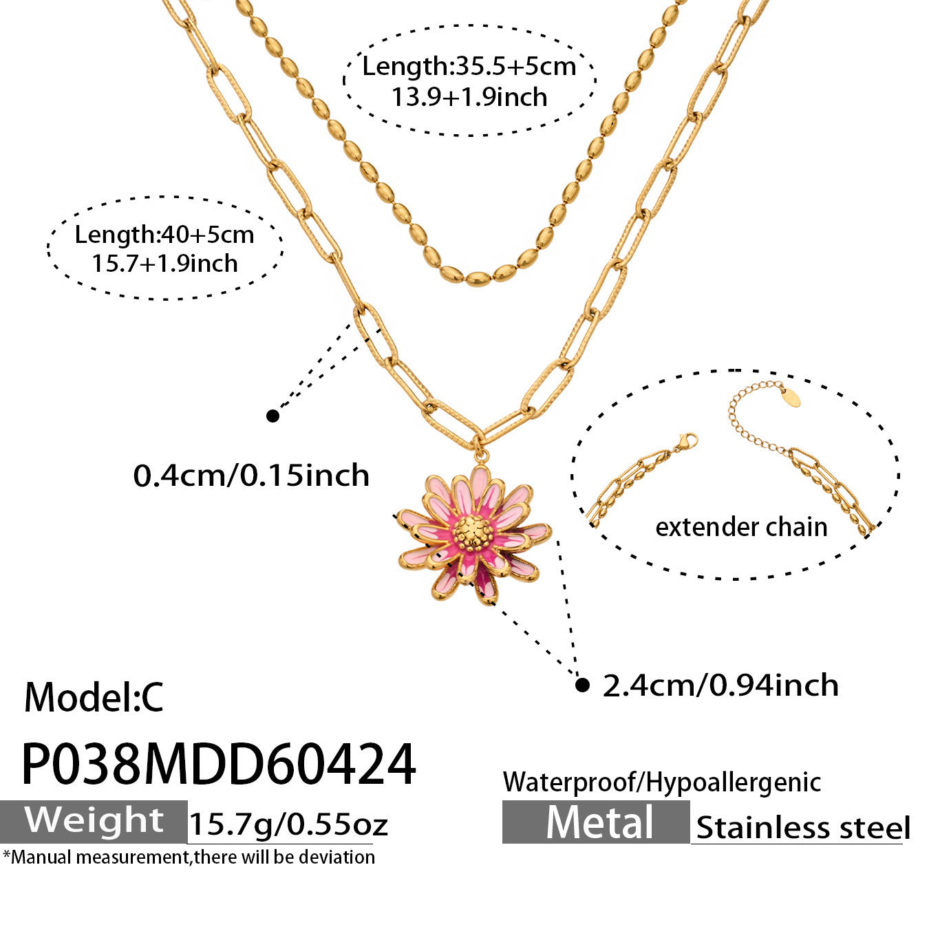 316L Stainless Steel 18K Gold PVD Enamel Layered Daisy Pendant Necklace - Enamel Daisy Pendant, Layered Necklace, Gold, Floral Wholesale Stainless Steel Jewelry - Sensitive Skin Friendly - Detail 5