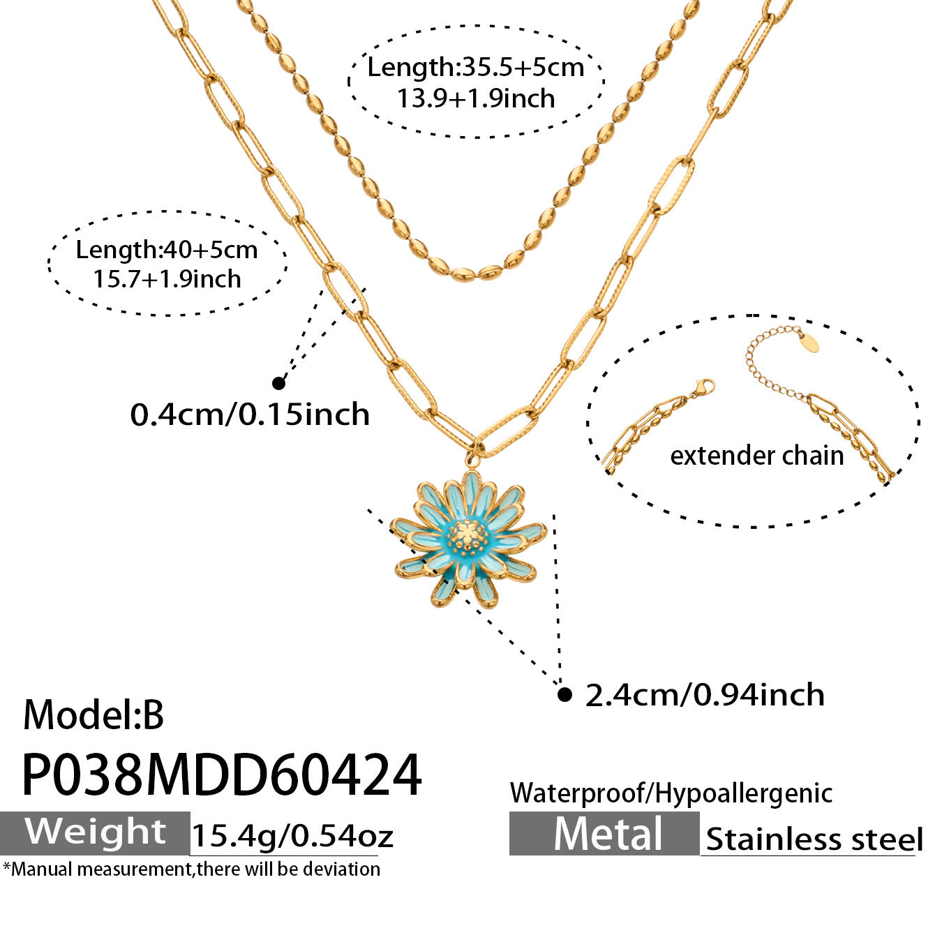 316L Stainless Steel 18K Gold PVD Enamel Layered Daisy Pendant Necklace - Enamel Daisy Pendant, Layered Necklace, Gold, Floral Wholesale Stainless Steel Jewelry - Sensitive Skin Friendly - Detail 7