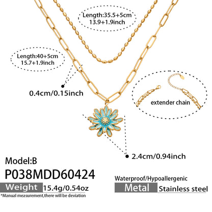 316L Stainless Steel 18K Gold PVD Enamel Layered Daisy Pendant Necklace - Enamel Daisy Pendant, Layered Necklace, Gold, Floral Wholesale Stainless Steel Jewelry - Sensitive Skin Friendly - Detail 7