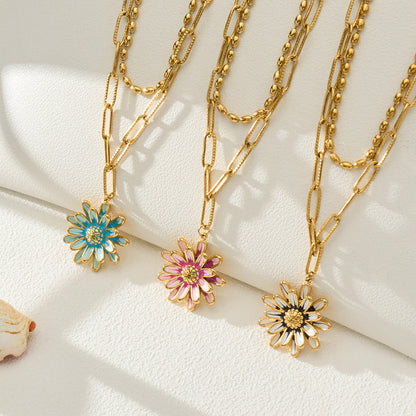 316L Stainless Steel 18K Gold PVD Enamel Layered Daisy Pendant Necklace - Enamel Daisy Pendant, Layered Necklace, Gold, Floral Wholesale Stainless Steel Jewelry - Sensitive Skin Friendly - Detail 8
