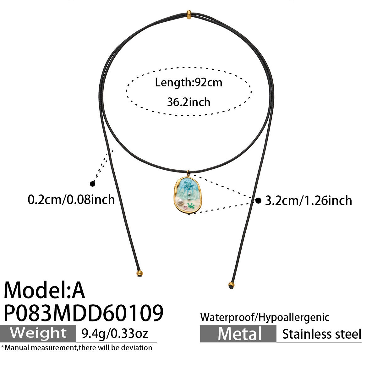 316L Stainless Steel 18K Gold PVD Enamel Seashell Faux Pearl Pendant Black Rope Necklace - Enamel, Seashell, Faux Pearl, Black Rope, Coastal, Vacation Style, Pendant Necklace, Gold Necklace Wholesale Stainless Steel Jewelry - Sensitive Skin Friendly - Detail 11
