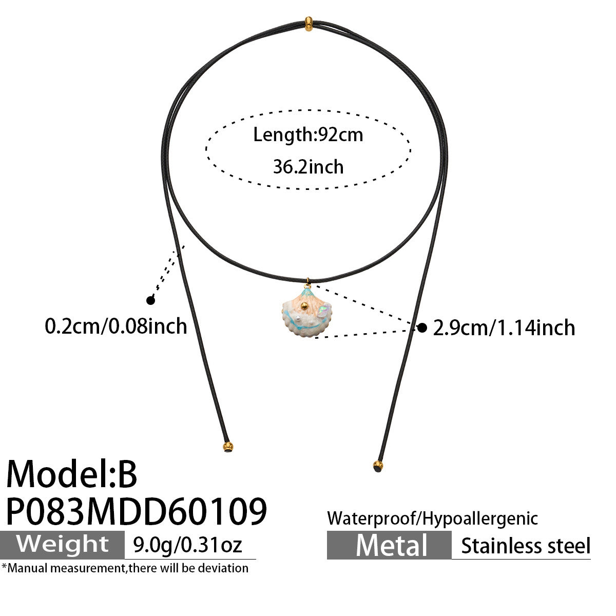 316L Stainless Steel 18K Gold PVD Enamel Seashell Faux Pearl Pendant Black Rope Necklace - Enamel, Seashell, Faux Pearl, Black Rope, Coastal, Vacation Style, Pendant Necklace, Gold Necklace Wholesale Stainless Steel Jewelry - Sensitive Skin Friendly - Detail 13