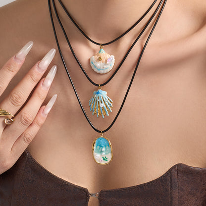 316L Stainless Steel 18K Gold PVD Enamel Seashell Faux Pearl Pendant Black Rope Necklace - Enamel, Seashell, Faux Pearl, Black Rope, Coastal, Vacation Style, Pendant Necklace, Gold Necklace Wholesale Stainless Steel Jewelry - Sensitive Skin Friendly - Detail 4
