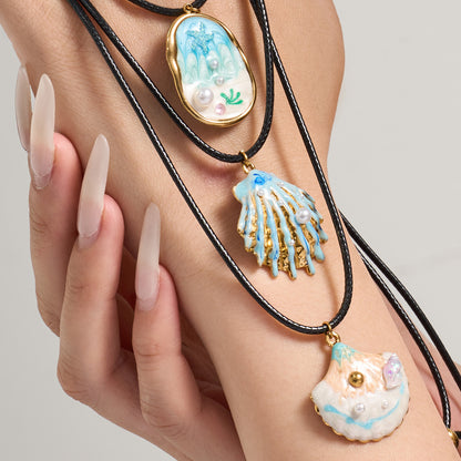 316L Stainless Steel 18K Gold PVD Enamel Seashell Faux Pearl Pendant Black Rope Necklace - Enamel, Seashell, Faux Pearl, Black Rope, Coastal, Vacation Style, Pendant Necklace, Gold Necklace Wholesale Stainless Steel Jewelry - Sensitive Skin Friendly - Detail 8