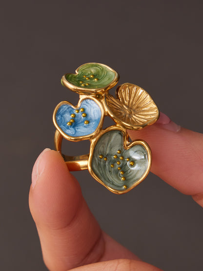316L Stainless Steel 18K Gold PVD Exaggerated Leaf Colorful Enamel Ring - Exaggerated Leaf Colorful Enamel Modern Coastal Wholesale Stainless Steel Jewelry - Sensitive Skin Friendly - Detail 1