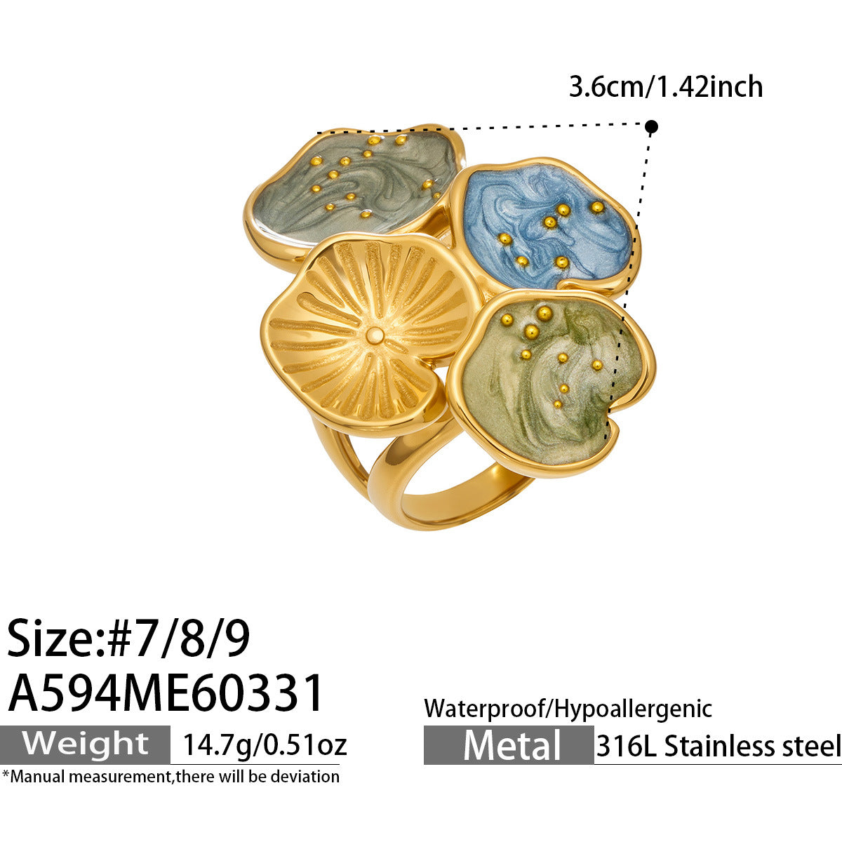 316L Stainless Steel 18K Gold PVD Exaggerated Leaf Colorful Enamel Ring - Exaggerated Leaf Colorful Enamel Modern Coastal Wholesale Stainless Steel Jewelry - Sensitive Skin Friendly - Detail 2