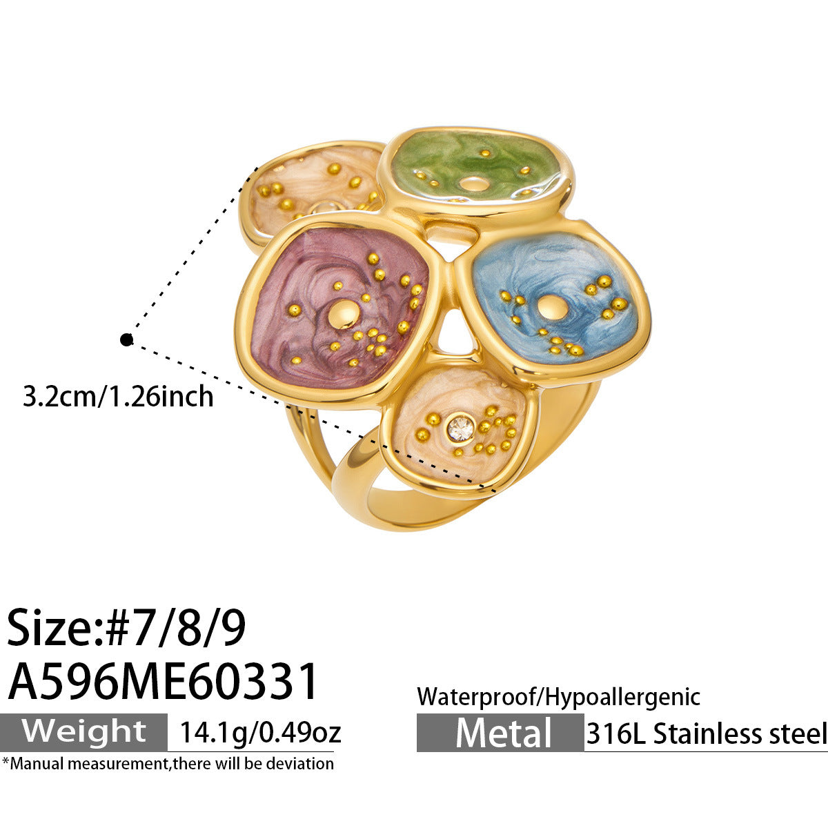 316L Stainless Steel 18K Gold PVD Exaggerated Leaf Colorful Enamel Ring - Exaggerated Leaf Colorful Enamel Modern Coastal Wholesale Stainless Steel Jewelry - Sensitive Skin Friendly - Detail 5
