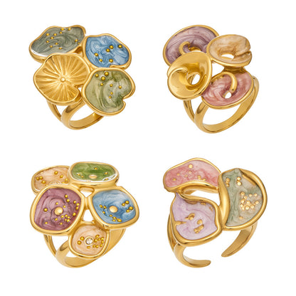 316L Stainless Steel 18K Gold PVD Exaggerated Leaf Colorful Enamel Ring - Exaggerated Leaf Colorful Enamel Modern Coastal Wholesale Stainless Steel Jewelry - Sensitive Skin Friendly - Detail 8