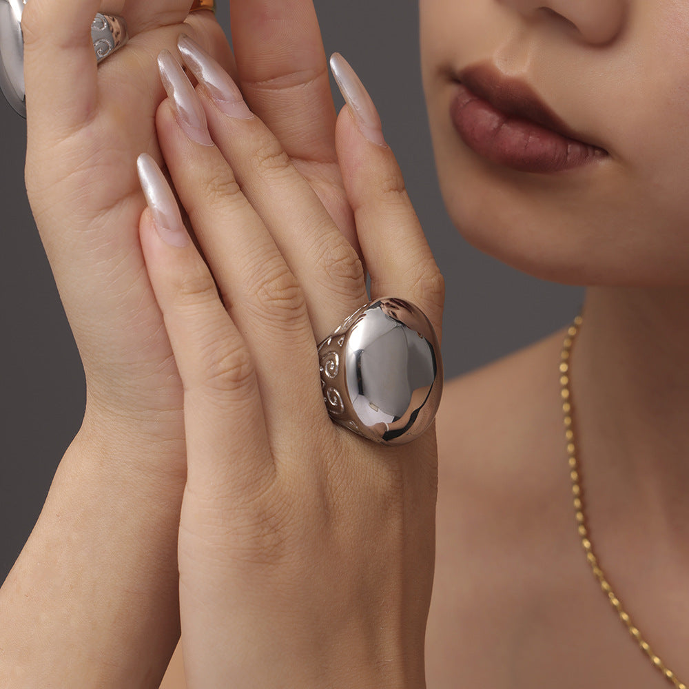 316L Stainless Steel 18K Gold PVD Exaggerated Roman Pattern Ring - Exaggerated Roman Pattern Gold Ring Wholesale Stainless Steel Jewelry - Sensitive Skin Friendly - Detail 6