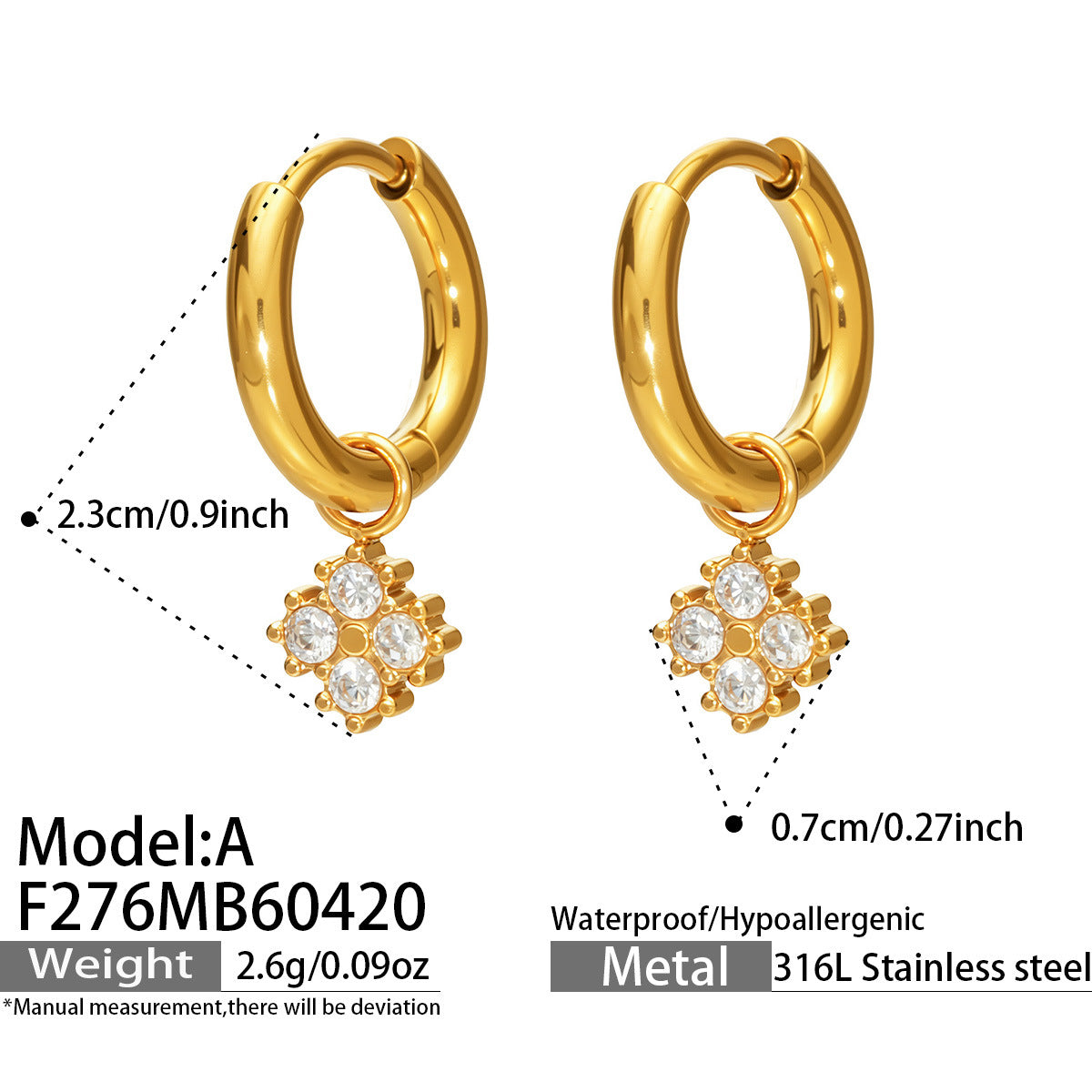 316L Stainless Steel 18K Gold PVD Exquisite Zircon Drop Earrings - Zircon Drop, Modern, Exquisite Wholesale Stainless Steel Jewelry - Sensitive Skin Friendly - Detail 13