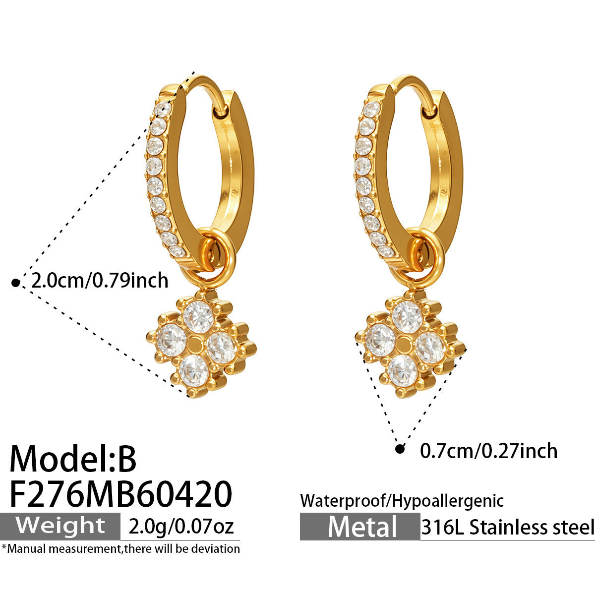 316L Stainless Steel 18K Gold PVD Exquisite Zircon Drop Earrings - Zircon Drop, Modern, Exquisite Wholesale Stainless Steel Jewelry - Sensitive Skin Friendly - Detail 14