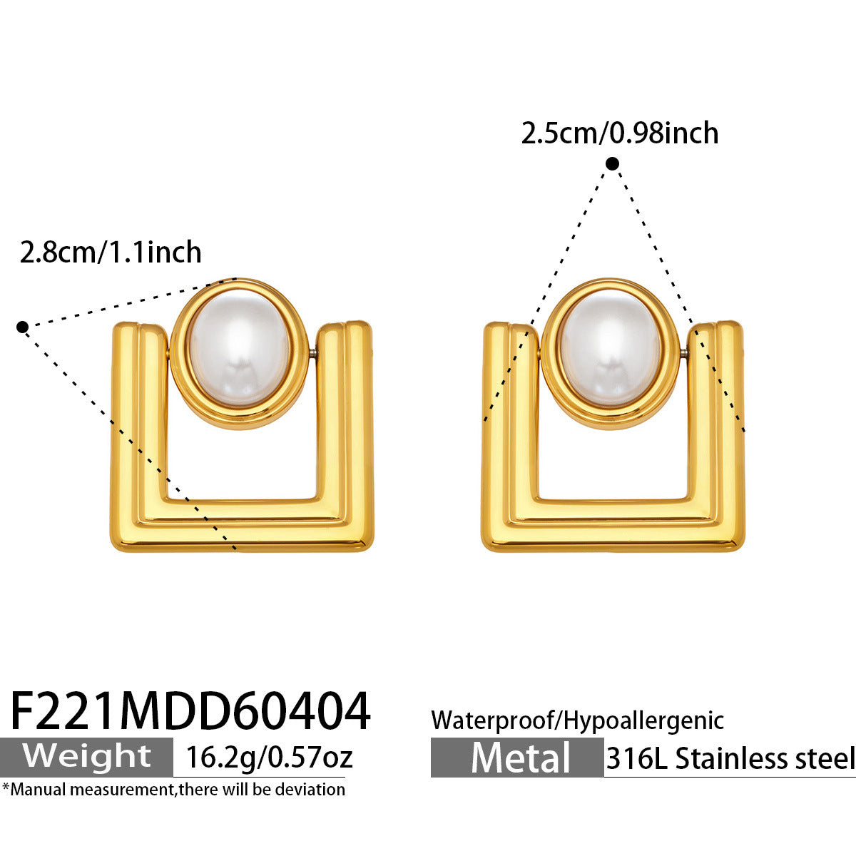 316L Stainless Steel 18K Gold PVD Faux Pearl Vintage Geometric Square Stud Earrings - Faux Pearl, Vintage, Geometric, Square, Gold Wholesale Stainless Steel Jewelry - Sensitive Skin Friendly - Detail 1