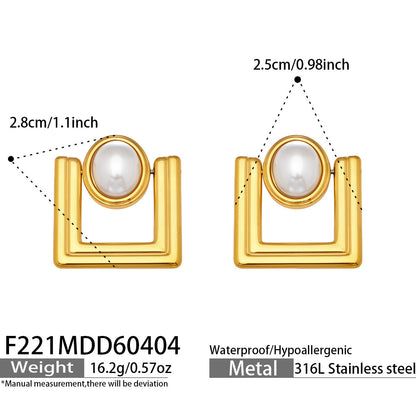 316L Stainless Steel 18K Gold PVD Faux Pearl Vintage Geometric Square Stud Earrings - Faux Pearl, Vintage, Geometric, Square, Gold Wholesale Stainless Steel Jewelry - Sensitive Skin Friendly - Detail 1