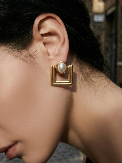 316L Stainless Steel 18K Gold PVD Faux Pearl Vintage Geometric Square Stud Earrings - Faux Pearl, Vintage, Geometric, Square, Gold Wholesale Stainless Steel Jewelry - Sensitive Skin Friendly - Detail 10
