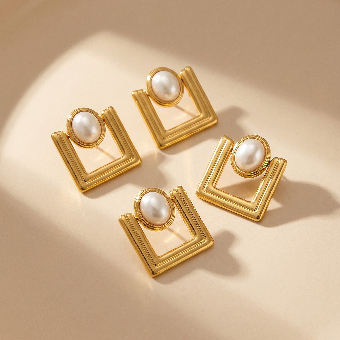 316L Stainless Steel 18K Gold PVD Faux Pearl Vintage Geometric Square Stud Earrings - Faux Pearl, Vintage, Geometric, Square, Gold Wholesale Stainless Steel Jewelry - Sensitive Skin Friendly - Detail 5