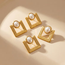 316L Stainless Steel 18K Gold PVD Faux Pearl Vintage Geometric Square Stud Earrings - Faux Pearl, Vintage, Geometric, Square, Gold Wholesale Stainless Steel Jewelry - Sensitive Skin Friendly - Detail 5