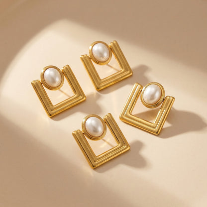 316L Stainless Steel 18K Gold PVD Faux Pearl Vintage Geometric Square Stud Earrings - Faux Pearl, Vintage, Geometric, Square, Gold Wholesale Stainless Steel Jewelry - Sensitive Skin Friendly - Detail 5