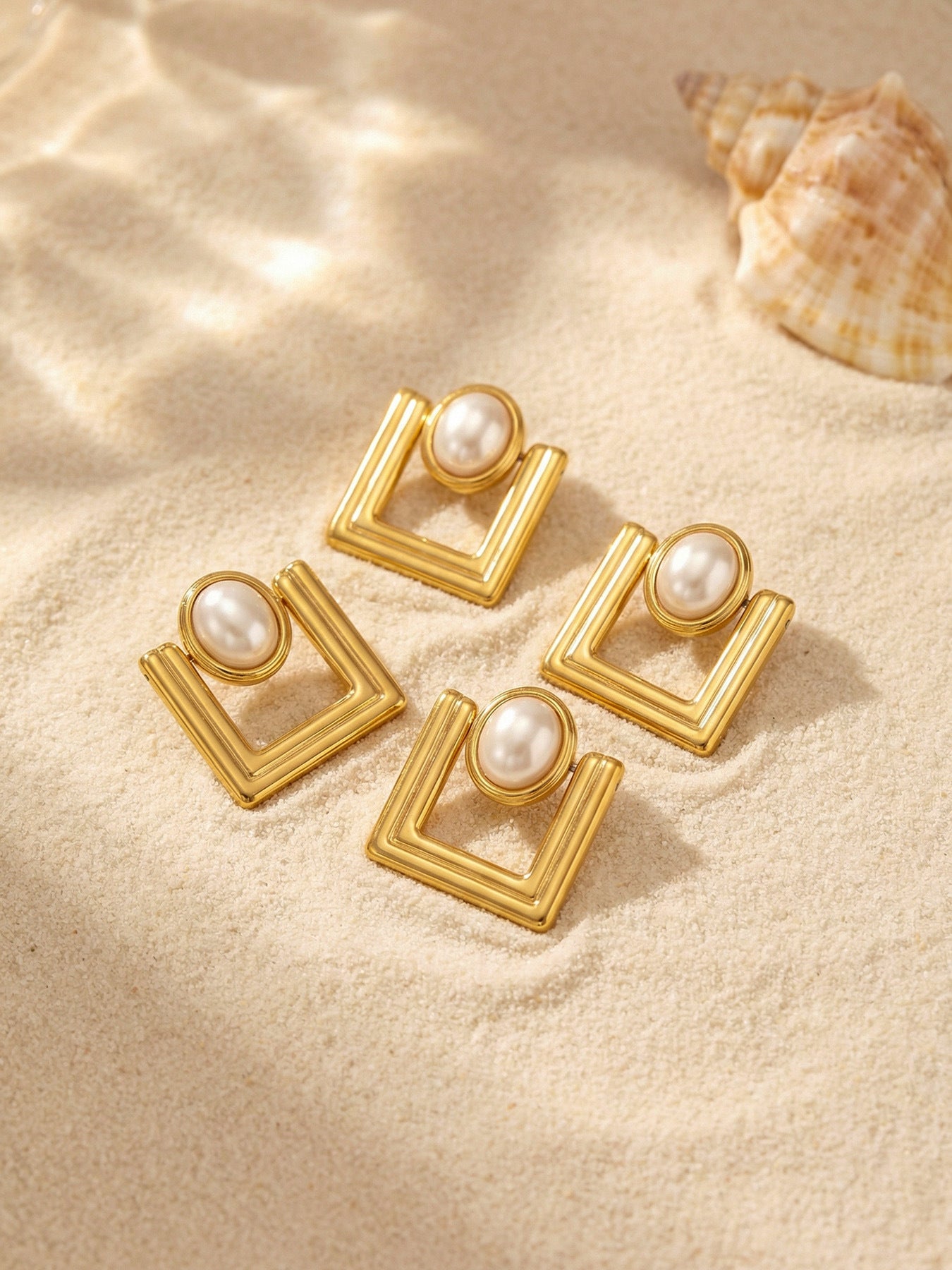316L Stainless Steel 18K Gold PVD Faux Pearl Vintage Geometric Square Stud Earrings - Faux Pearl, Vintage, Geometric, Square, Gold Wholesale Stainless Steel Jewelry - Sensitive Skin Friendly - Detail 7