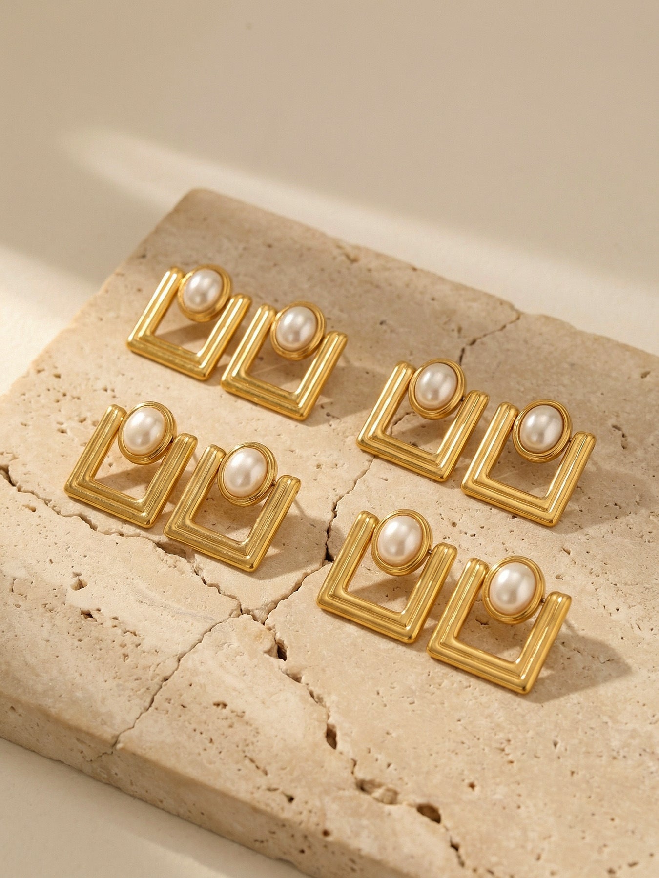 316L Stainless Steel 18K Gold PVD Faux Pearl Vintage Geometric Square Stud Earrings - Faux Pearl, Vintage, Geometric, Square, Gold Wholesale Stainless Steel Jewelry - Sensitive Skin Friendly - Detail 8