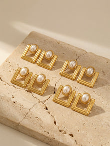 316L Stainless Steel 18K Gold PVD Faux Pearl Vintage Geometric Square Stud Earrings - Faux Pearl, Vintage, Geometric, Square, Gold Wholesale Stainless Steel Jewelry - Sensitive Skin Friendly - Detail 8