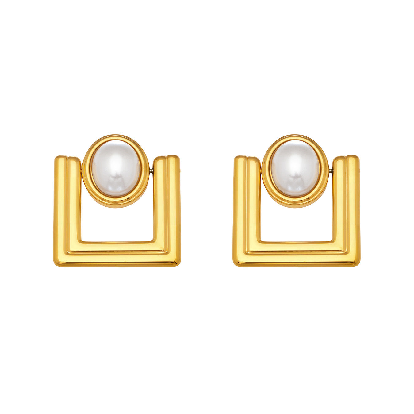 316L Stainless Steel 18K Gold PVD Faux Pearl Vintage Geometric Square Stud Earrings - Faux Pearl, Vintage, Geometric, Square, Gold Wholesale Stainless Steel Jewelry - Sensitive Skin Friendly - Detail 9