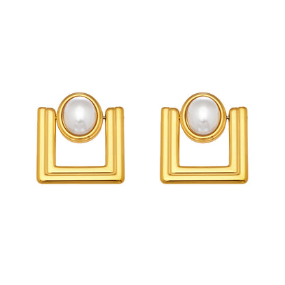 316L Stainless Steel 18K Gold PVD Faux Pearl Vintage Geometric Square Stud Earrings - Faux Pearl, Vintage, Geometric, Square, Gold Wholesale Stainless Steel Jewelry - Sensitive Skin Friendly - Detail 9