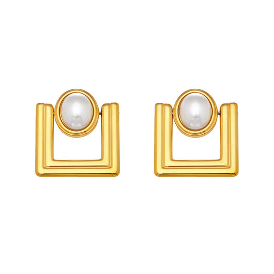 316L Stainless Steel 18K Gold PVD Faux Pearl Vintage Geometric Square Stud Earrings - Faux Pearl, Vintage, Geometric, Square, Gold Wholesale Stainless Steel Jewelry - Sensitive Skin Friendly - Detail 9