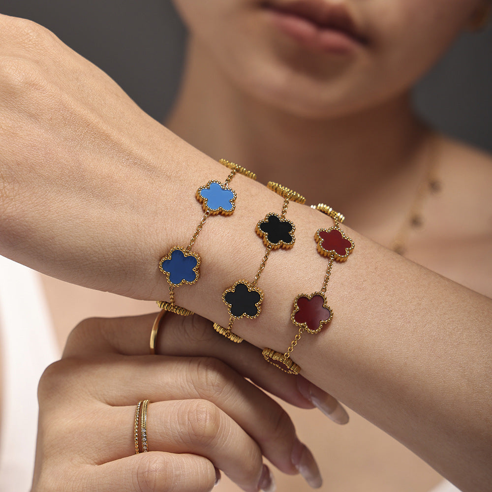 316L Stainless Steel 18K Gold PVD Five Leaf Flower Bracelet - Elegant Gold Flower Bracelet Wholesale Stainless Steel Jewelry - Sensitive Skin Friendly - Detail 1