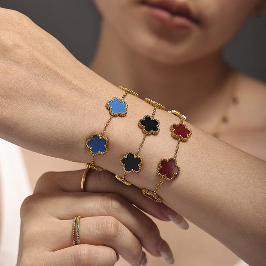 316L Stainless Steel 18K Gold PVD Five Leaf Flower Bracelet - Elegant Gold Flower Bracelet Wholesale Stainless Steel Jewelry - Sensitive Skin Friendly - Detail 1