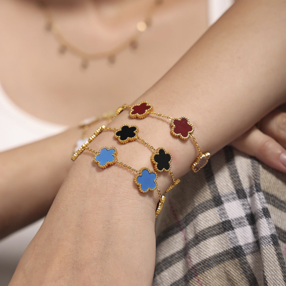 316L Stainless Steel 18K Gold PVD Five Leaf Flower Bracelet - Elegant Gold Flower Bracelet Wholesale Stainless Steel Jewelry - Sensitive Skin Friendly - Detail 8