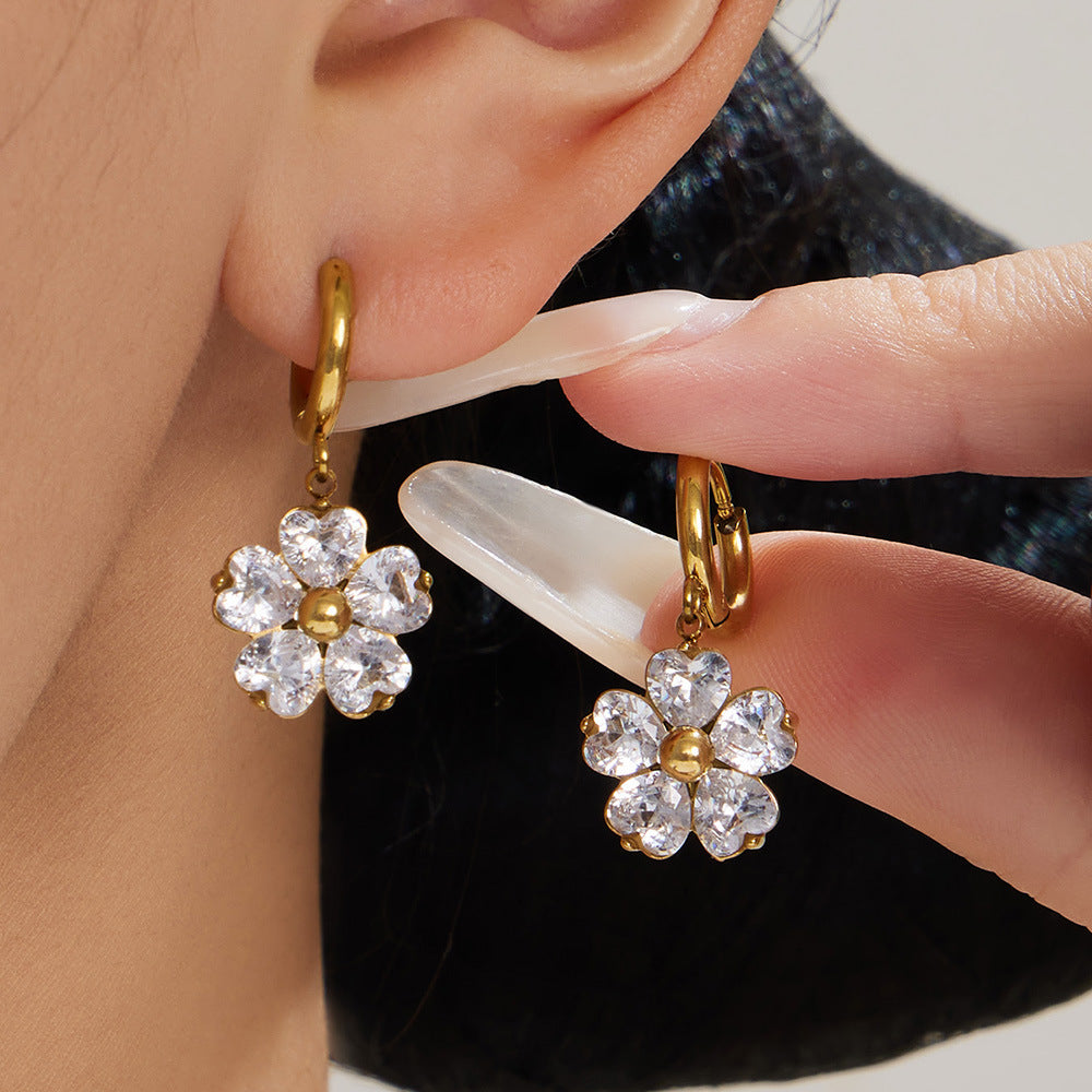 316L Stainless Steel 18K Gold PVD Five-Petal Flower Zircon Jewelry Set Necklace Bracelet Ring Earrings - Five-Petal Flower Zircon Chic Geometric Gold Jewelry Set Wholesale Stainless Steel Jewelry - Sensitive Skin Friendly - Detail 1