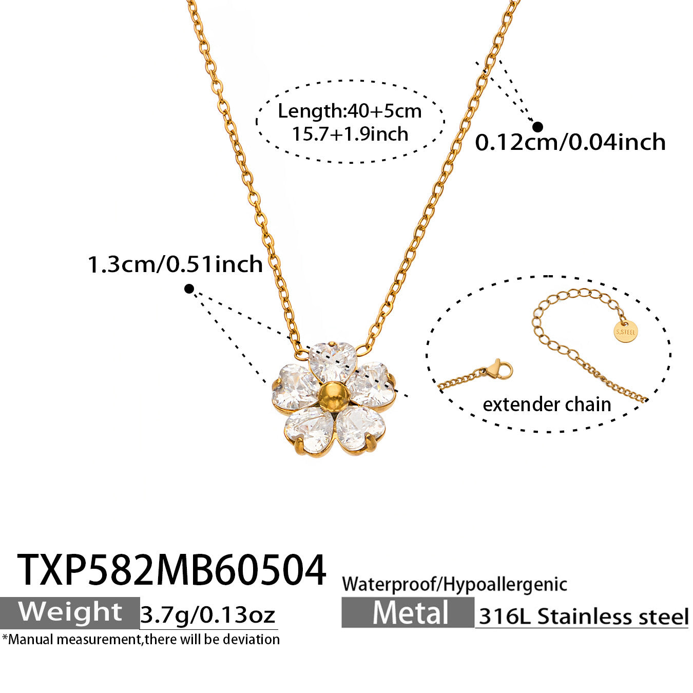 316L Stainless Steel 18K Gold PVD Five-Petal Flower Zircon Jewelry Set Necklace Bracelet Ring Earrings - Five-Petal Flower Zircon Chic Geometric Gold Jewelry Set Wholesale Stainless Steel Jewelry - Sensitive Skin Friendly - Detail 11