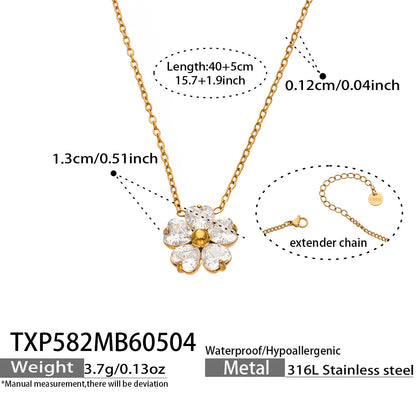 316L Stainless Steel 18K Gold PVD Five-Petal Flower Zircon Jewelry Set Necklace Bracelet Ring Earrings - Five-Petal Flower Zircon Chic Geometric Gold Jewelry Set Wholesale Stainless Steel Jewelry - Sensitive Skin Friendly - Detail 11