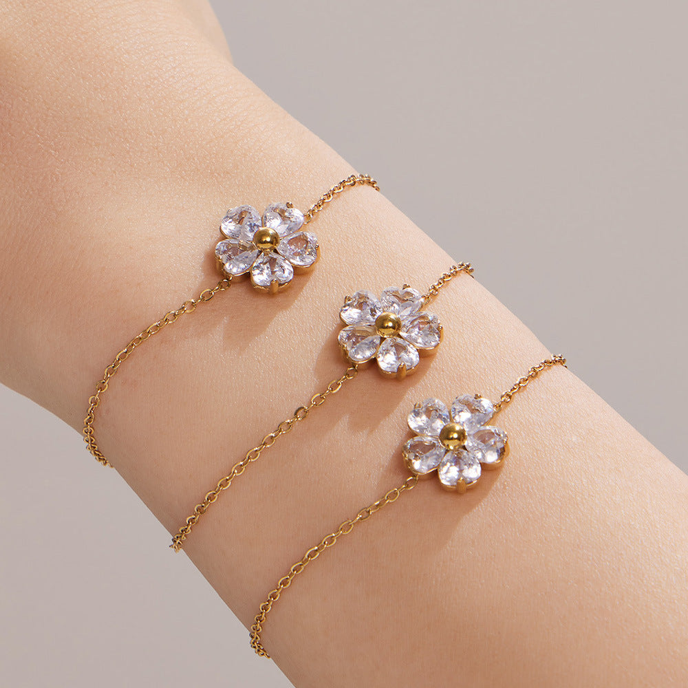 316L Stainless Steel 18K Gold PVD Five-Petal Flower Zircon Jewelry Set Necklace Bracelet Ring Earrings - Five-Petal Flower Zircon Chic Geometric Gold Jewelry Set Wholesale Stainless Steel Jewelry - Sensitive Skin Friendly - Detail 13