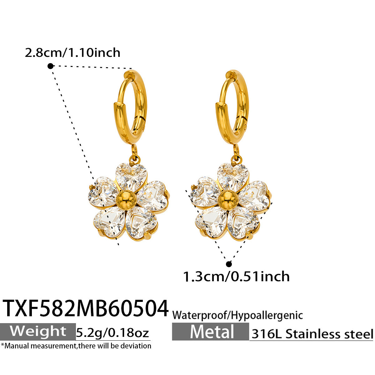 316L Stainless Steel 18K Gold PVD Five-Petal Flower Zircon Jewelry Set Necklace Bracelet Ring Earrings - Five-Petal Flower Zircon Chic Geometric Gold Jewelry Set Wholesale Stainless Steel Jewelry - Sensitive Skin Friendly - Detail 14