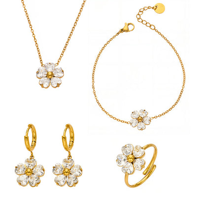 316L Stainless Steel 18K Gold PVD Five-Petal Flower Zircon Jewelry Set Necklace Bracelet Ring Earrings - Five-Petal Flower Zircon Chic Geometric Gold Jewelry Set Wholesale Stainless Steel Jewelry - Sensitive Skin Friendly - Detail 15