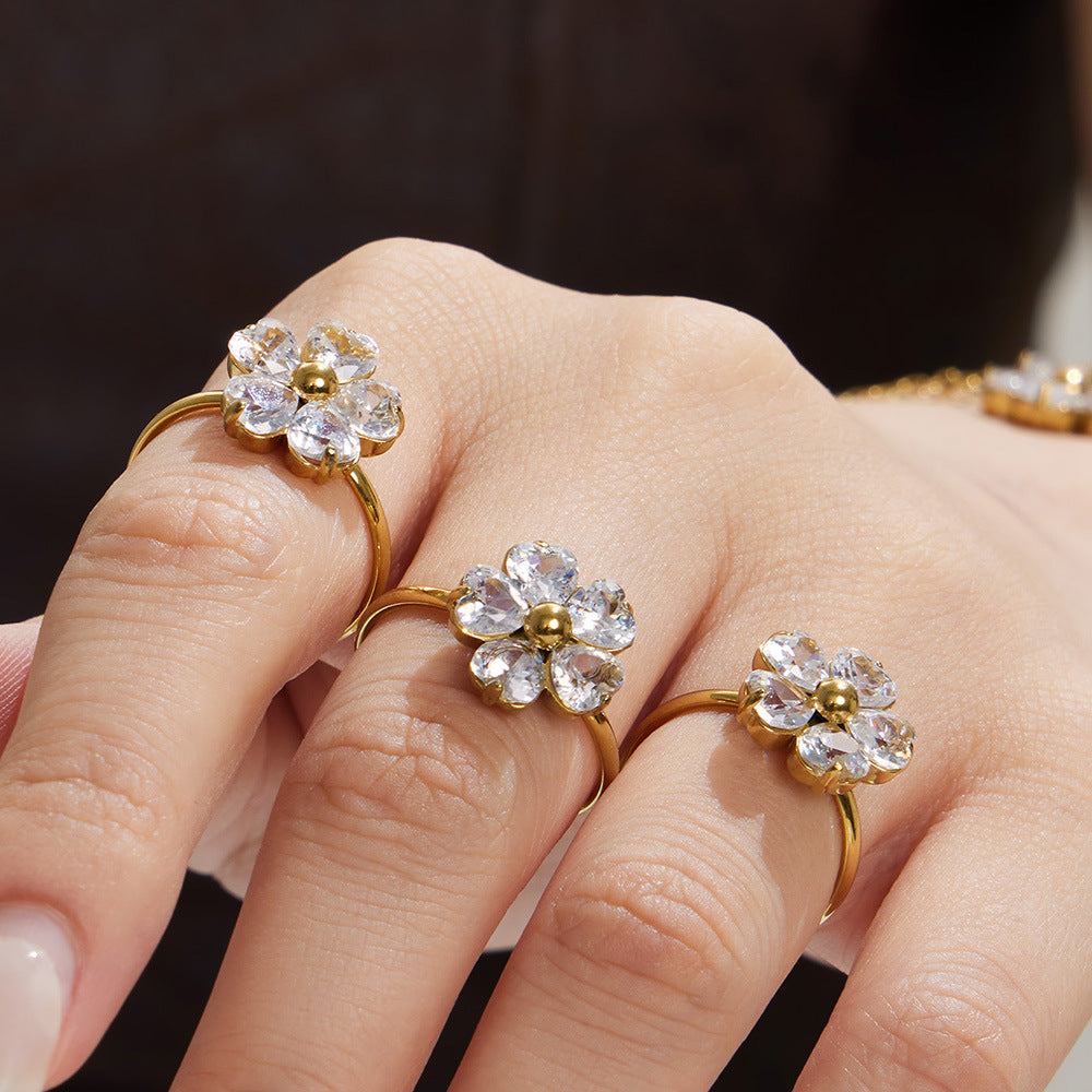 316L Stainless Steel 18K Gold PVD Five-Petal Flower Zircon Jewelry Set Necklace Bracelet Ring Earrings - Five-Petal Flower Zircon Chic Geometric Gold Jewelry Set Wholesale Stainless Steel Jewelry - Sensitive Skin Friendly - Detail 17