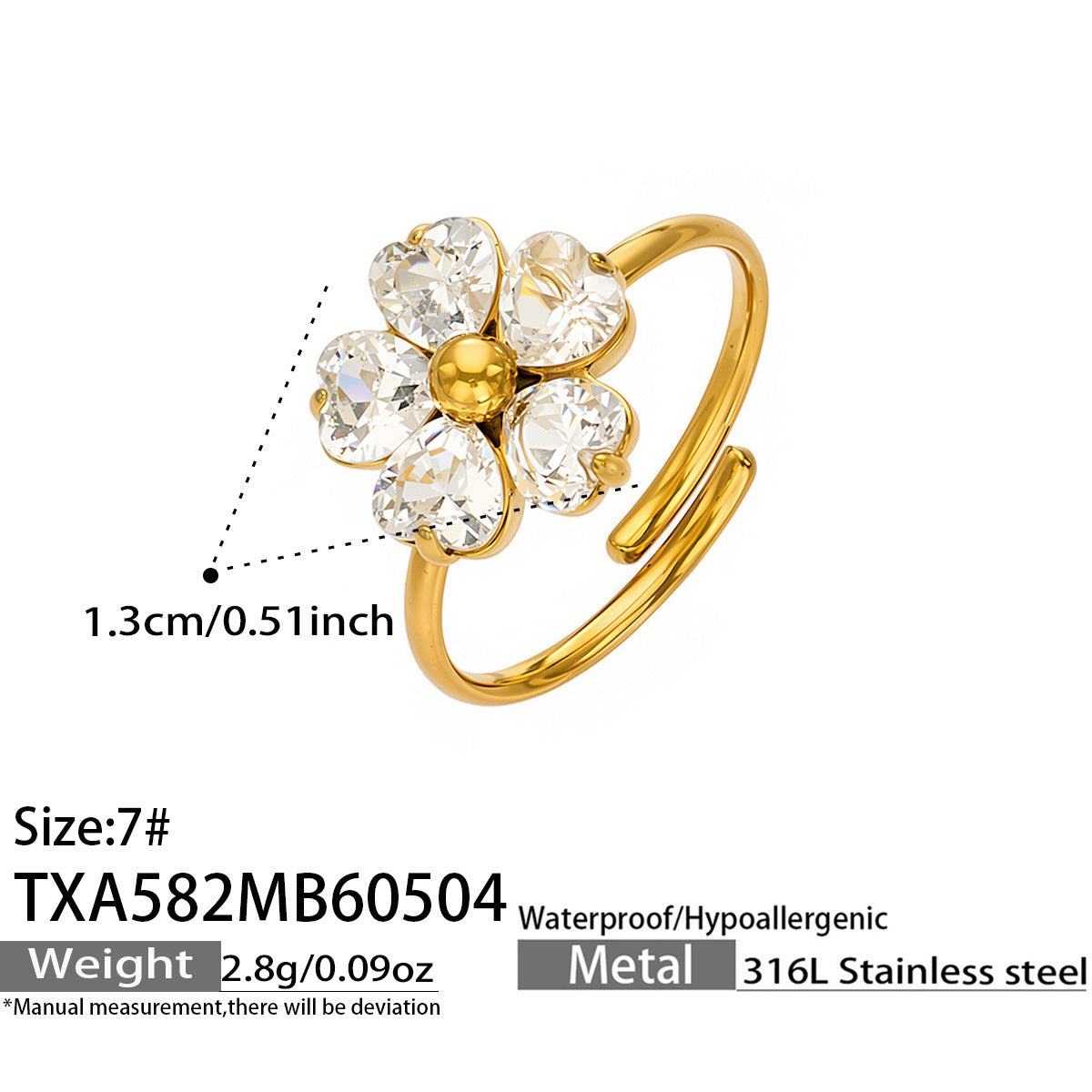 316L Stainless Steel 18K Gold PVD Five-Petal Flower Zircon Jewelry Set Necklace Bracelet Ring Earrings - Five-Petal Flower Zircon Chic Geometric Gold Jewelry Set Wholesale Stainless Steel Jewelry - Sensitive Skin Friendly - Detail 19