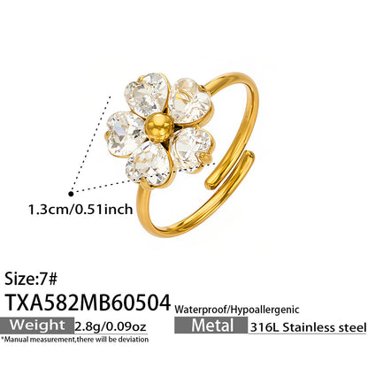 316L Stainless Steel 18K Gold PVD Five-Petal Flower Zircon Jewelry Set Necklace Bracelet Ring Earrings - Five-Petal Flower Zircon Chic Geometric Gold Jewelry Set Wholesale Stainless Steel Jewelry - Sensitive Skin Friendly - Detail 19