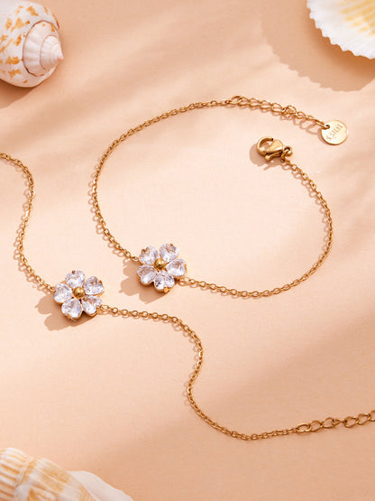 316L Stainless Steel 18K Gold PVD Five-Petal Flower Zircon Jewelry Set Necklace Bracelet Ring Earrings - Five-Petal Flower Zircon Chic Geometric Gold Jewelry Set Wholesale Stainless Steel Jewelry - Sensitive Skin Friendly - Detail 2