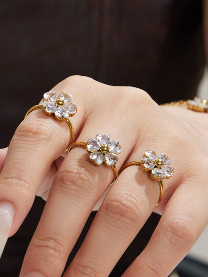 316L Stainless Steel 18K Gold PVD Five-Petal Flower Zircon Jewelry Set Necklace Bracelet Ring Earrings - Five-Petal Flower Zircon Chic Geometric Gold Jewelry Set Wholesale Stainless Steel Jewelry - Sensitive Skin Friendly - Detail 6