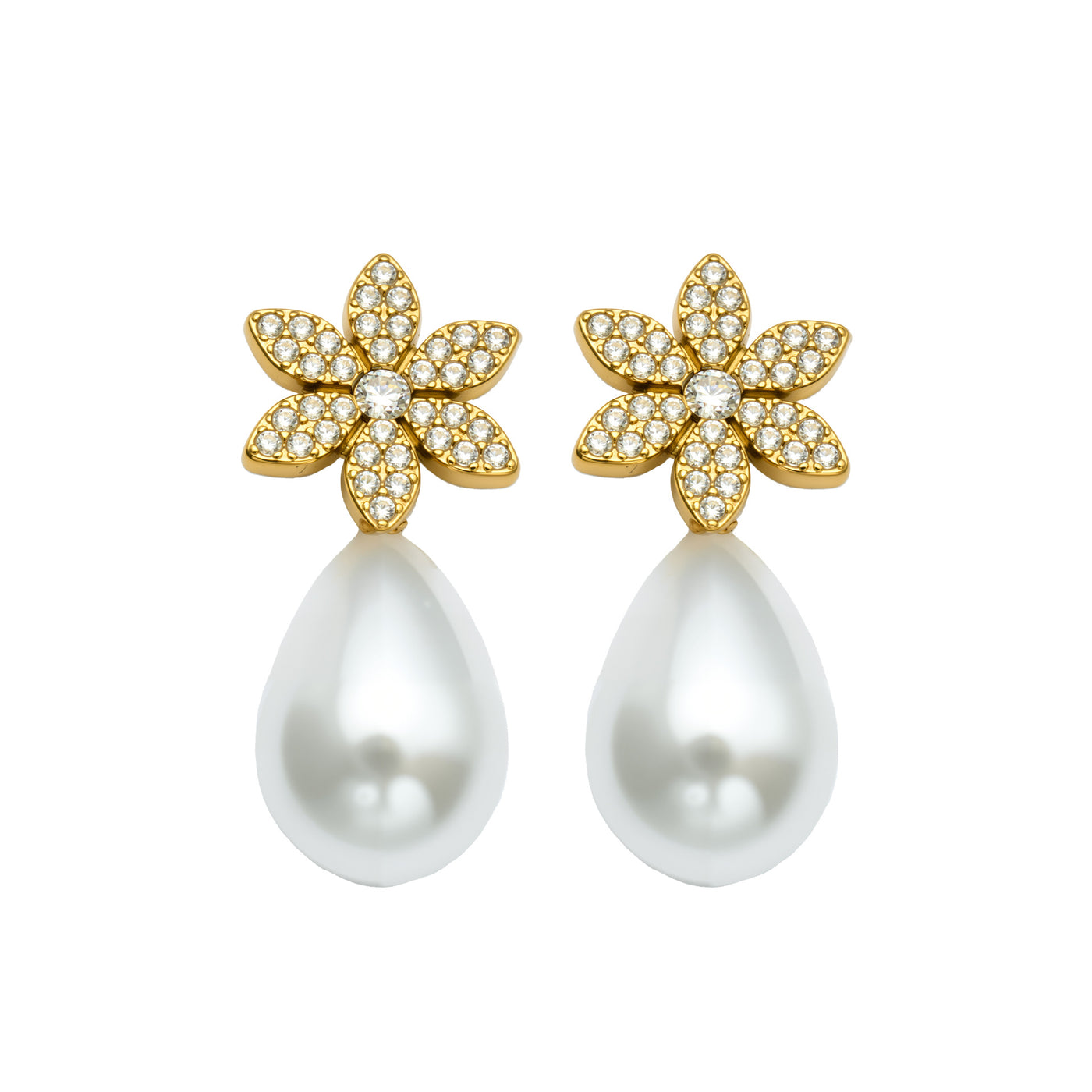 316L Stainless Steel 18K Gold PVD Floral Faux Pearl Zircon Earrings - Floral Gold Faux Pearl Zircon Earrings Wholesale Stainless Steel Jewelry - Sensitive Skin Friendly - Detail 10