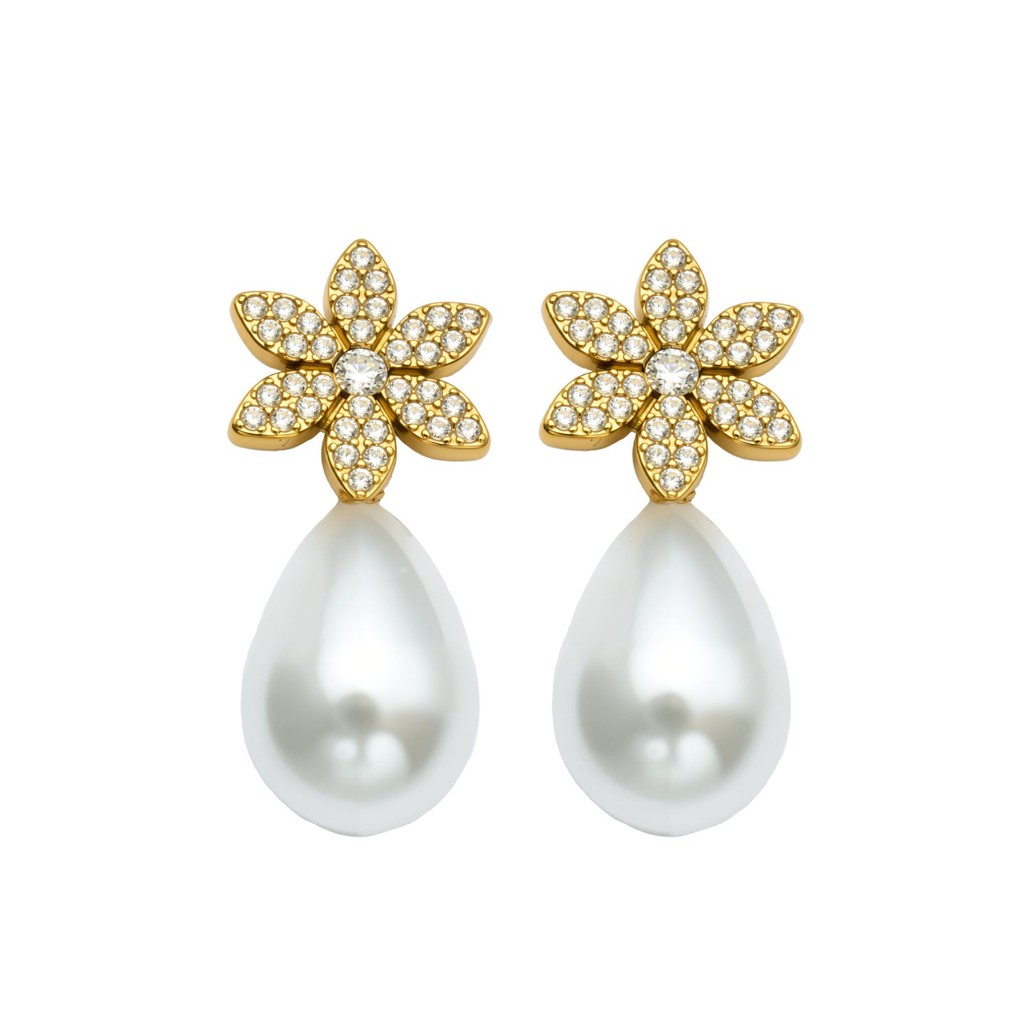 316L Stainless Steel 18K Gold PVD Floral Faux Pearl Zircon Earrings - Floral Gold Faux Pearl Zircon Earrings Wholesale Stainless Steel Jewelry - Sensitive Skin Friendly - Detail 10